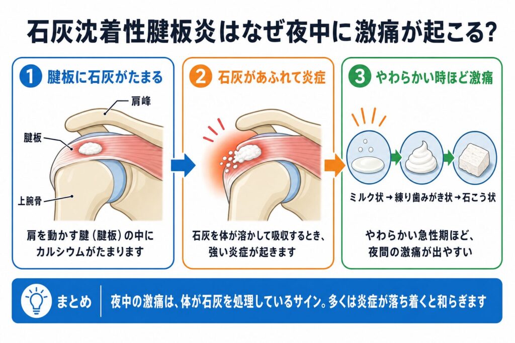 石灰沈着性腱板炎で夜中に激痛が起こる仕組みの解説図
