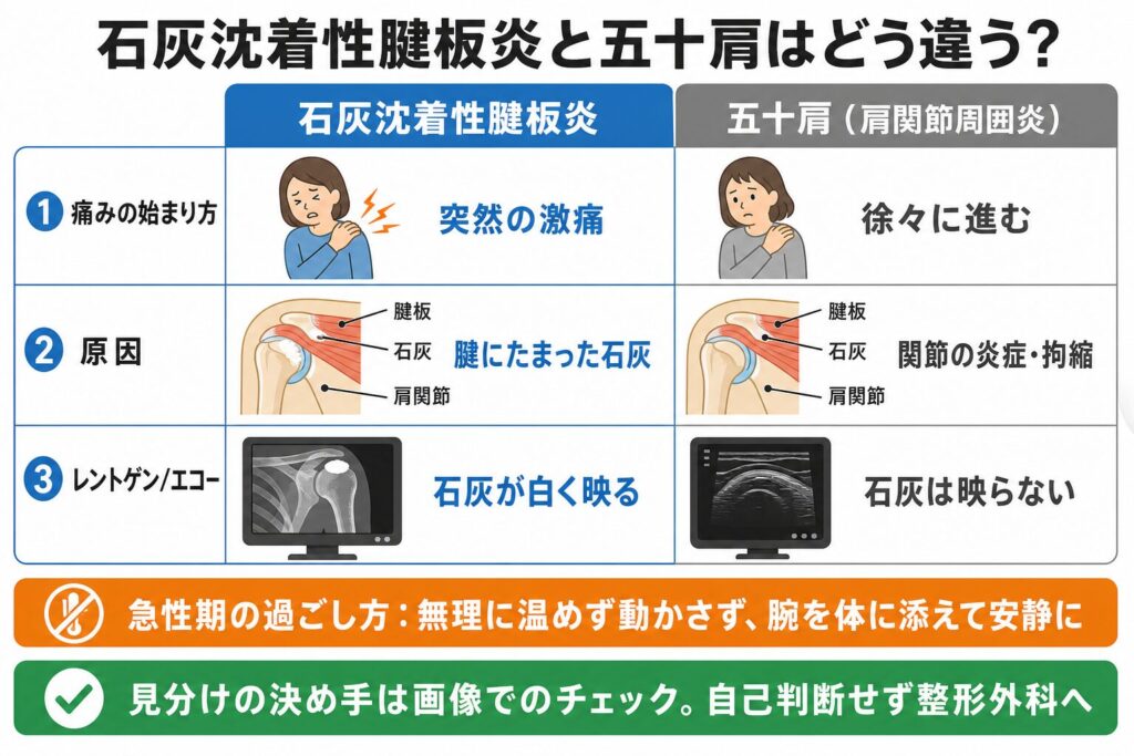 石灰沈着性腱板炎と五十肩の違いの比較図