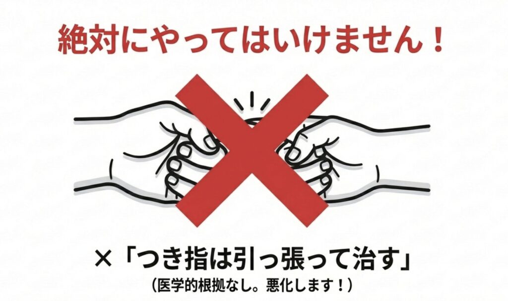 「つき指は引っ張ると治る」という民間療法は医学的根拠がなく、むしろ症状を悪化させる可能性があります。絶対に行わないでください。