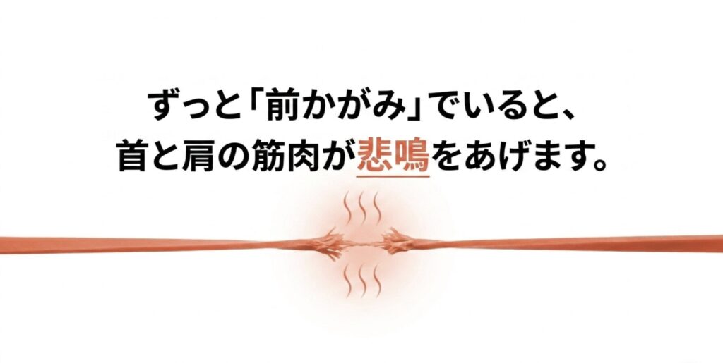 長時間の前かがみで悲鳴を上げる肩、首