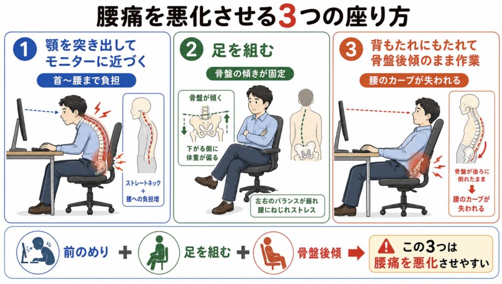 腰痛を悪化させる3つの座り方について