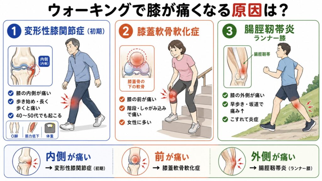 ウォーキング時に膝が痛む原因は主に3つあります。