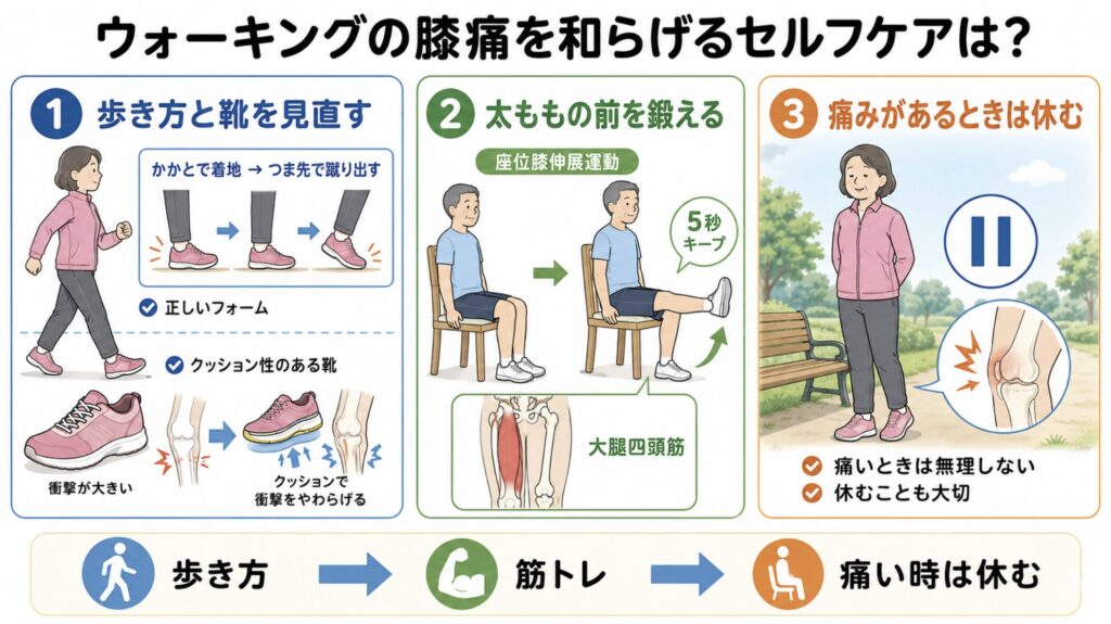 ウォーキングの膝痛を和らげるセルフケアは?