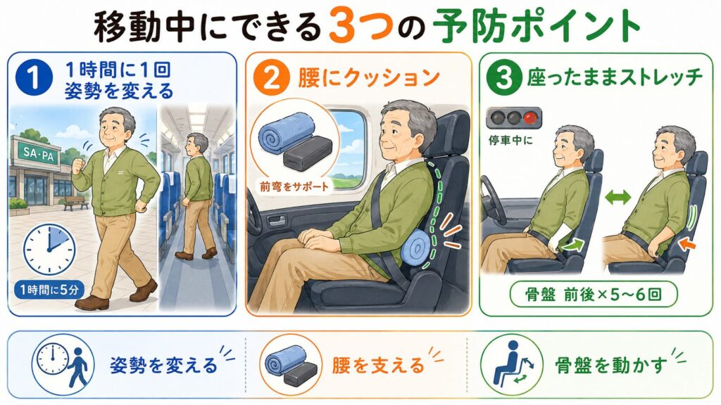 移動中にできる３つの腰痛予防ポイント