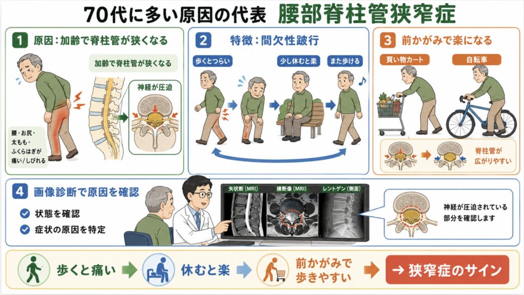 70代に多い原因の代表は腰部脊柱管狭窄症のサイン