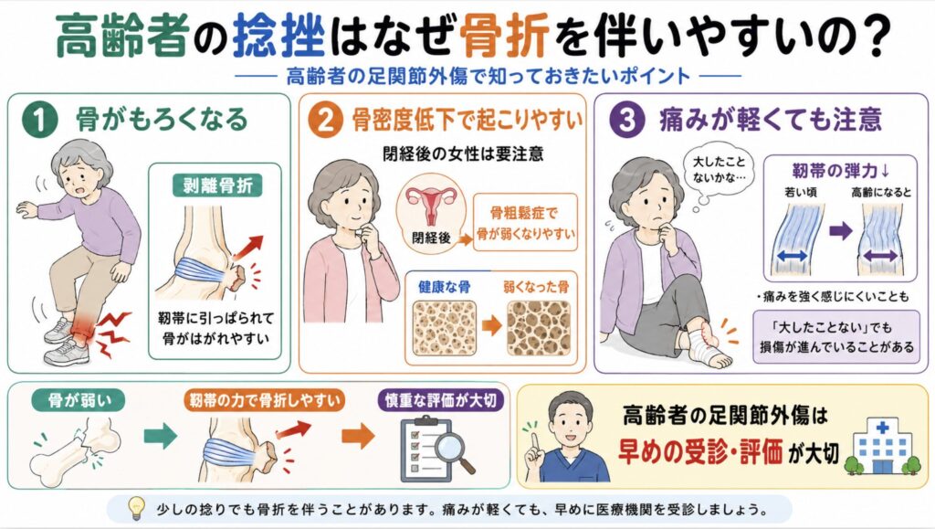 高齢者の捻挫はなぜ骨折を伴いやすいのを解説