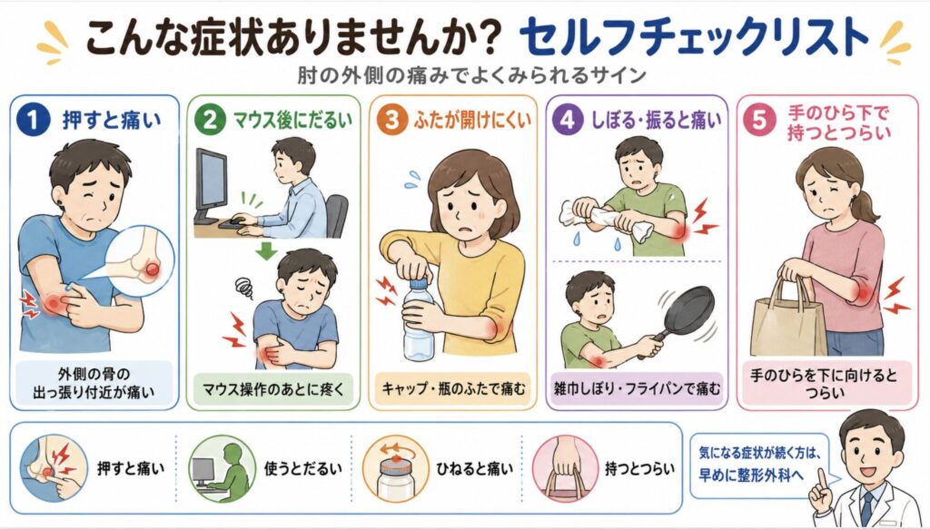 3つ以上あてはまる場合は、テニス肘（上腕骨外側上顆炎）の可能性があるセルフチェック