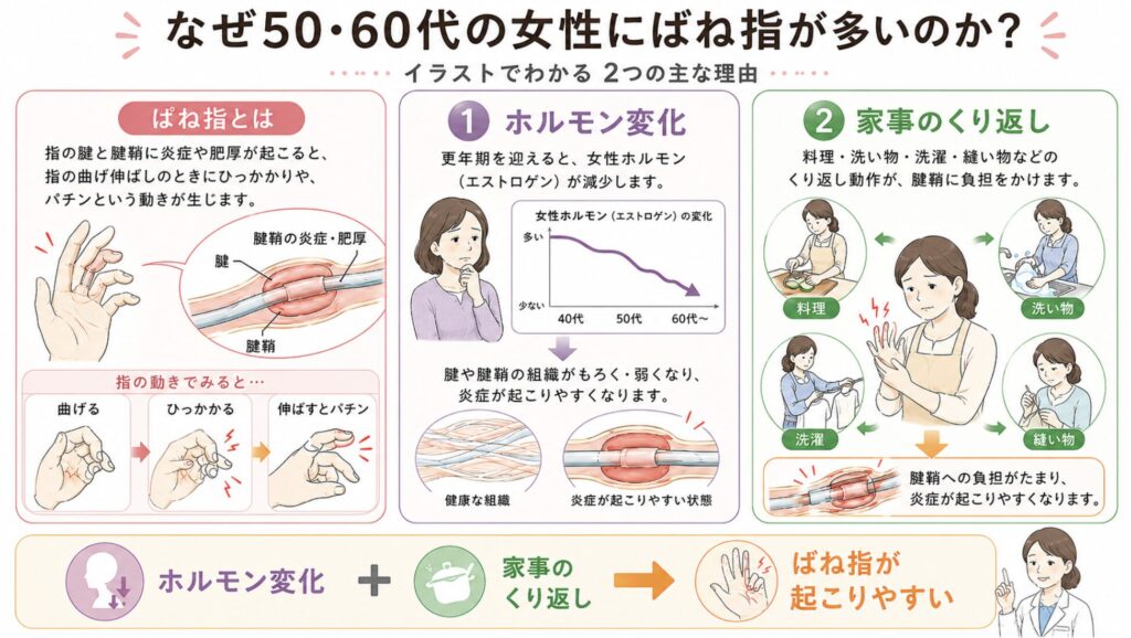 なぜ50・60代の女性にばね指が多いのか?
ばね指(弾発指)は、指の腱(けん)を包む「腱鞘(けんしょう)」が炎症・肥厚することで、指の曲げ伸ばしに引っかかりが生じる状態を指す。