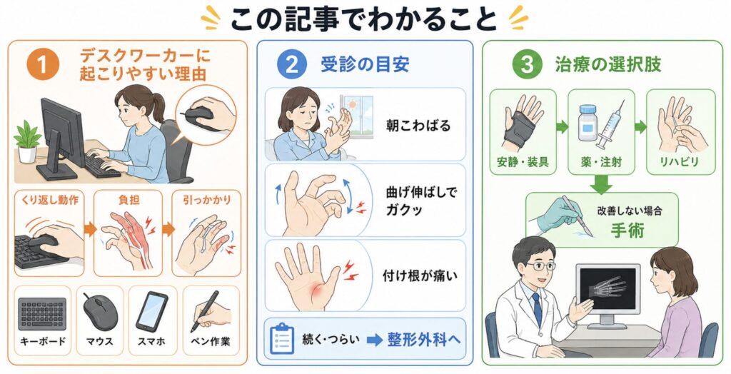 この記事でわかること

ばね指がデスクワーカーに起こりやすい理由

指の引っかかり・朝のこわばりで受診すべき目安

当院での保存療法から手術まで、治療の選択肢
