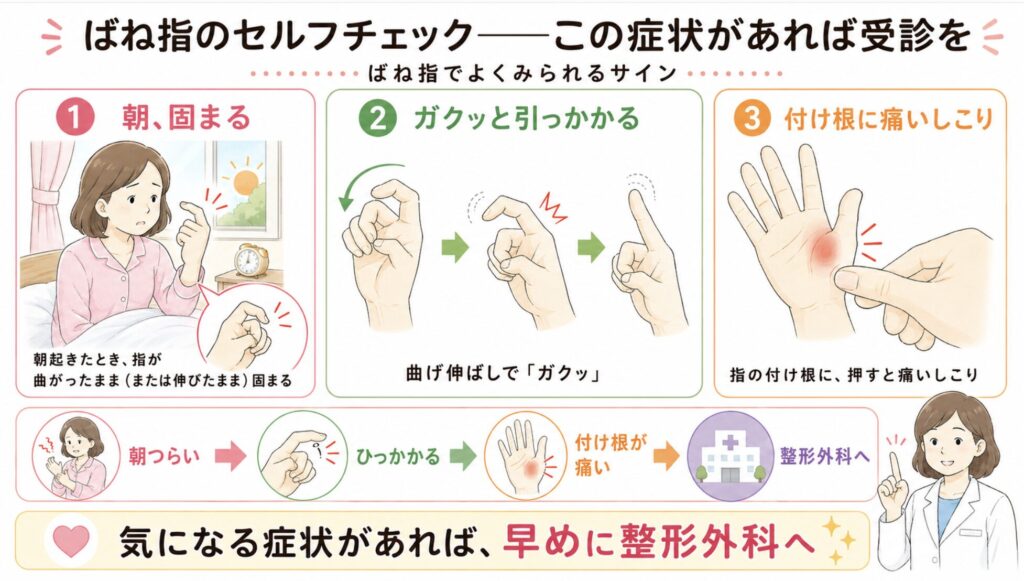 ばね指のセルフチェック——この症状があれば受診を

朝起きたとき、指が曲がったまま（または伸びたまま）固まっている

指を曲げ伸ばしするとき「ガクッ」と引っかかる感覚がある

指の付け根に押すと痛いしこりがある