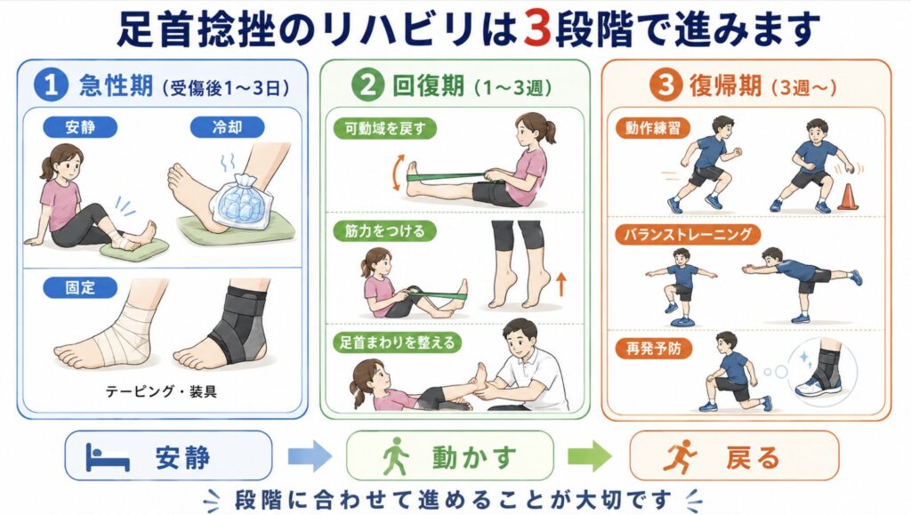 足首捻挫のリハビリは3step

急性期（受傷後1〜3日）: 安静・冷却・固定（テーピング・装具）

回復期（1〜3週）: 関節可動域の回復、足首周囲の筋力強化

復帰期（3週〜）: 競技に近い動作練習、再発防止のバランストレーニング
