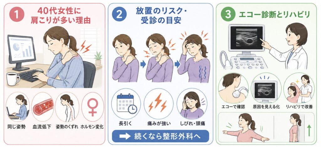 この記事でわかること
・デスクワーク中心の40代女性に肩こりが多い医学的な理由
・放置すると進行するリスクと、整形外科への受診タイミング
・エコーを活用した診断とリハビリのアプローチ