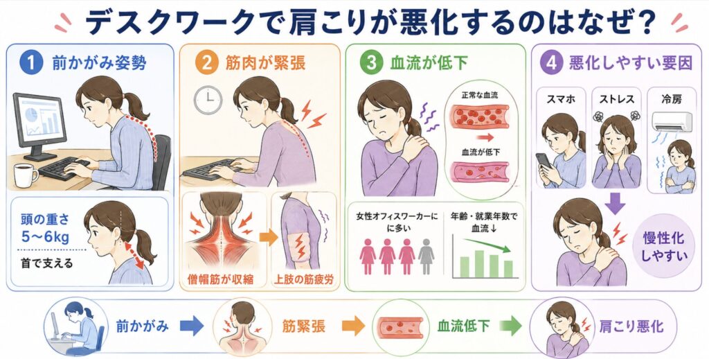デスクワークで肩こりが悪化してしまう理由について