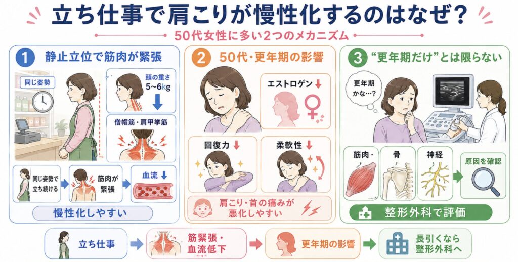 立ち仕事による肩こり。
原因を解説。