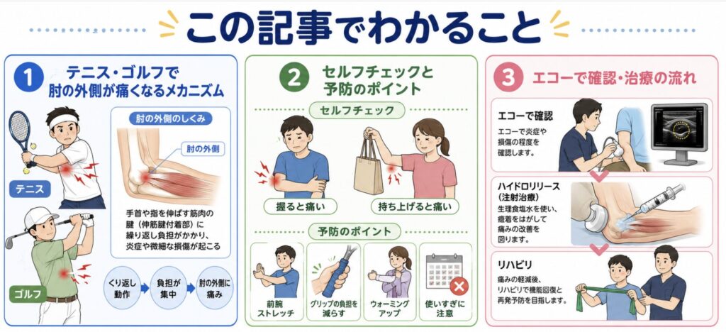 この記事でわかること
・テニス・ゴルフで肘の外側が痛くなるメカニズム
・セルフチェックと日常でできる予防のポイント
・エコーを使った当院の診断・治療の流れ(ハイドロリリース・リハビリ)