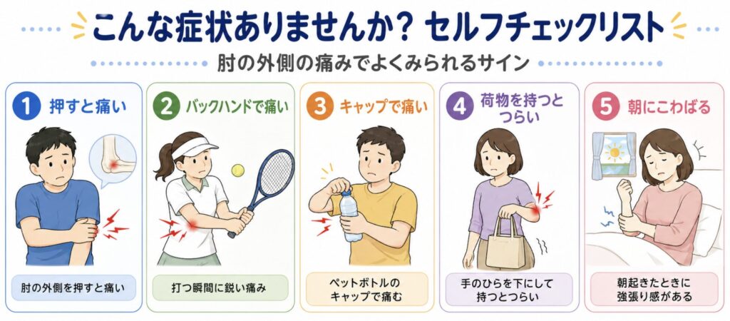 こんな症状ありませんか?セルフチェックリスト
肘の外側(骨が出ているあたり)を押すと痛い
バックハンドで打つ瞬間に肘に鋭い痛みが走る
ペットボトルのキャップを開けるときに肘が痛む
重い荷物を手のひらを下に向けて持つとつらい
朝起きたとき、肘に強張り感がある