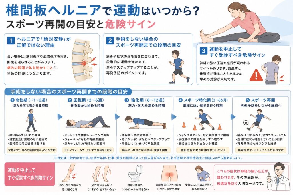 椎間板ヘルニアのスポーツ復帰目安と危険なサインについて